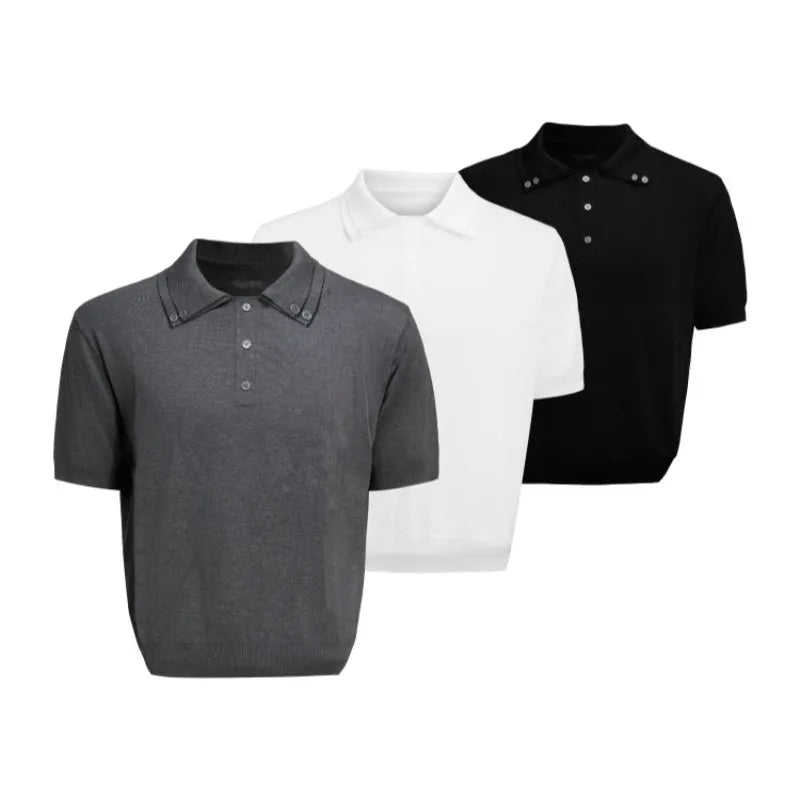Men's black lapel collar short sleeve slim knit shirt on hanger