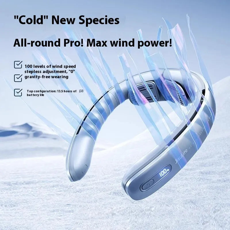 Silver grey hanging neck portable bladeless fan showing wearable design and USB charging port