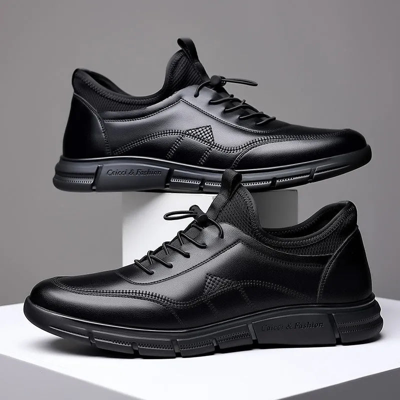 Black men's casual slip-on shoes with leather stitching and square low heel on non-slip rubber sole