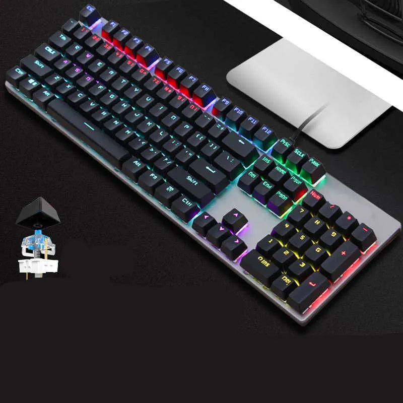 AOC GK410 wired mechanical keyboard with 104 keys and metal frame on a desktop.
