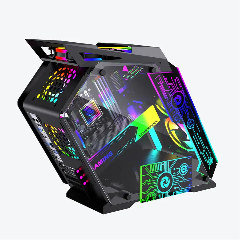 Table-type SECC metal computer chassis for desk integration with RGB fan lighting.