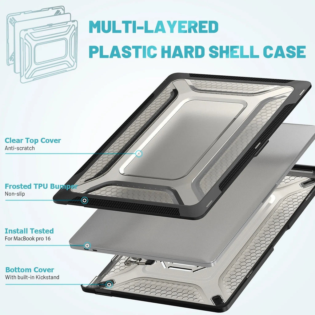 MacBook protective hard shell case in four colour options: black, grey, apricot, and blue.