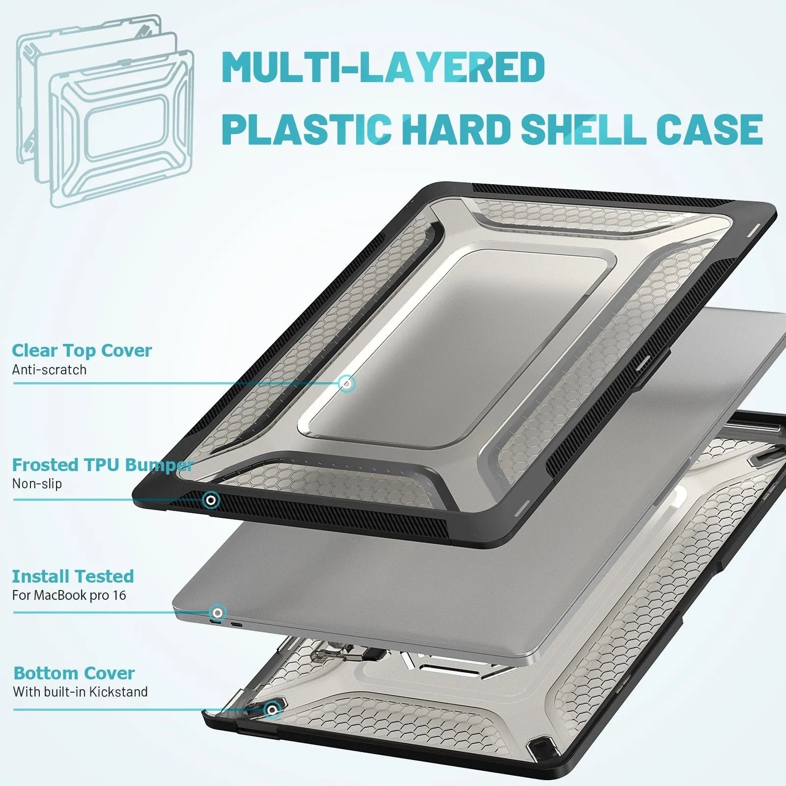 MacBook protective hard shell case in four colour options: black, grey, apricot, and blue.