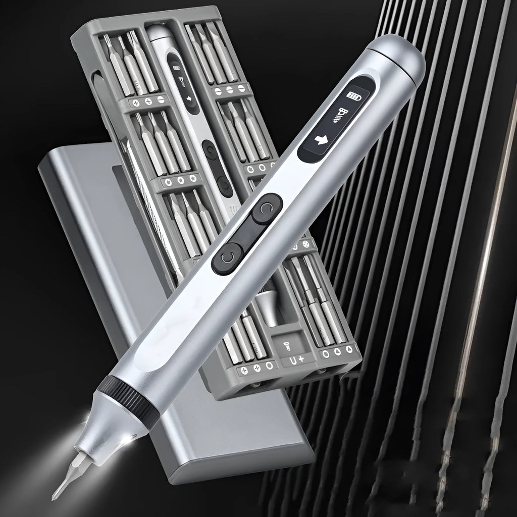 Aluminium-handle precision electric screwdriver with display showing 134.5mm length and included bit set.