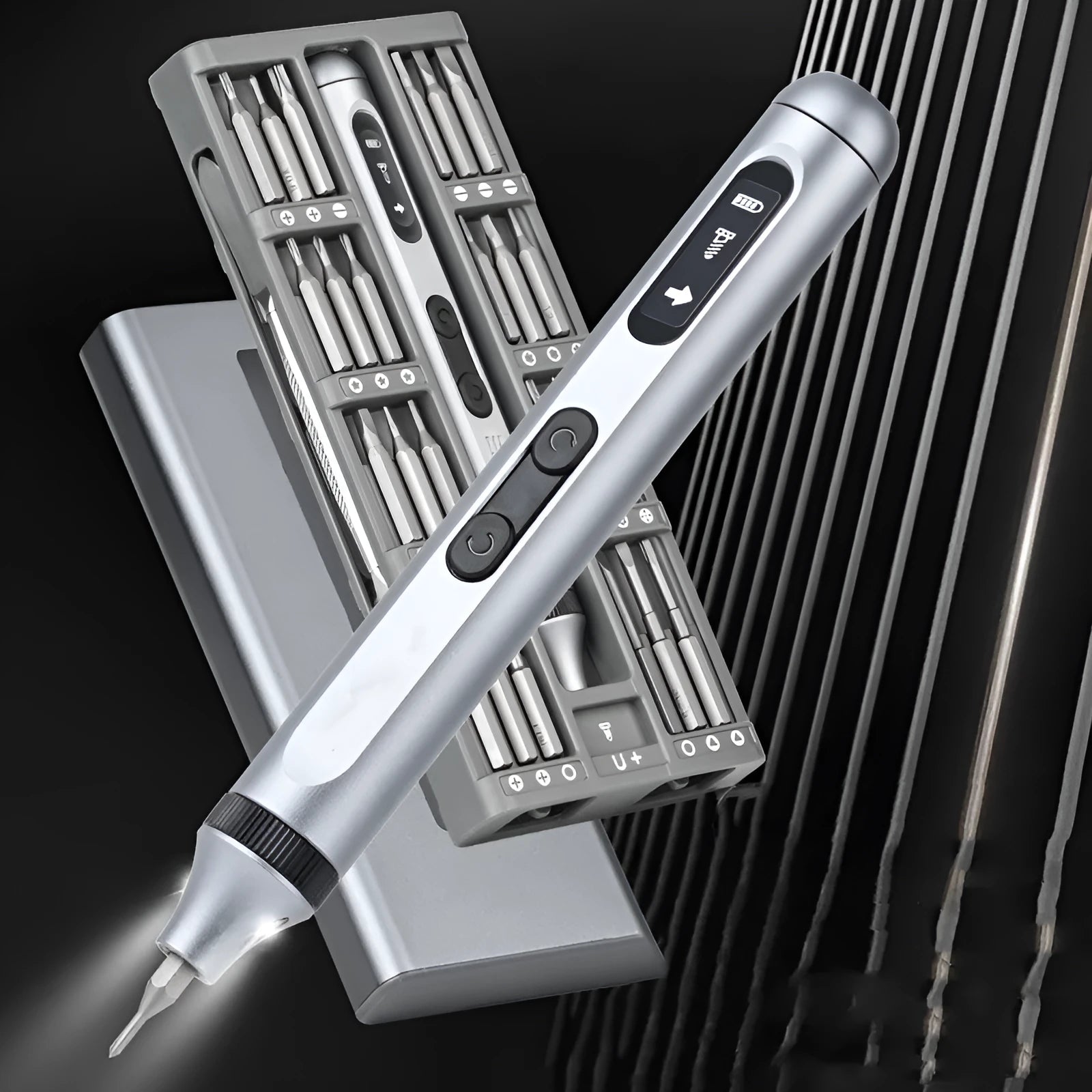 Aluminium-handle precision electric screwdriver with display showing 134.5mm length and included bit set.