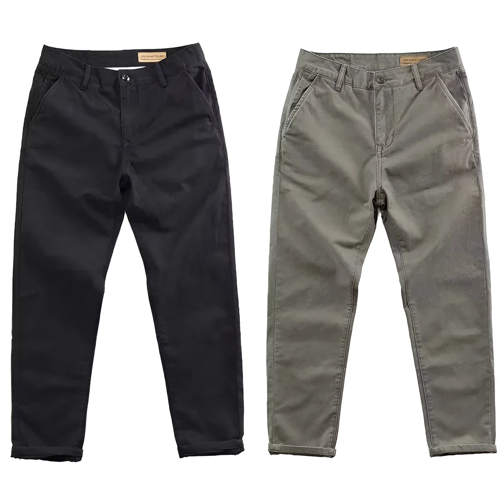Man wearing slim-fit washed casual trousers in a neutral colour, showcasing the straight-leg style.