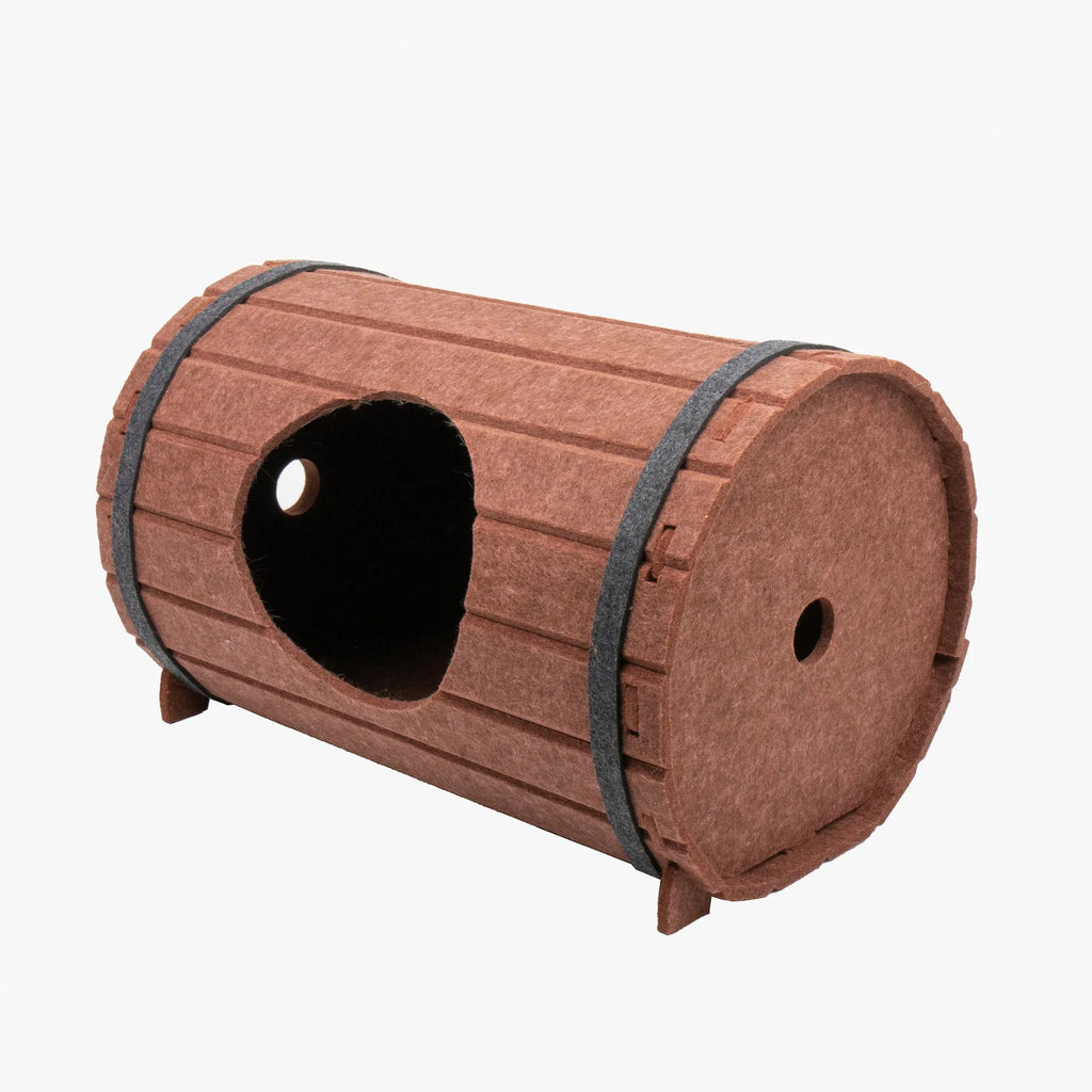 Assembled wine barrel shaped cat bed made from polyester fibre felt panels