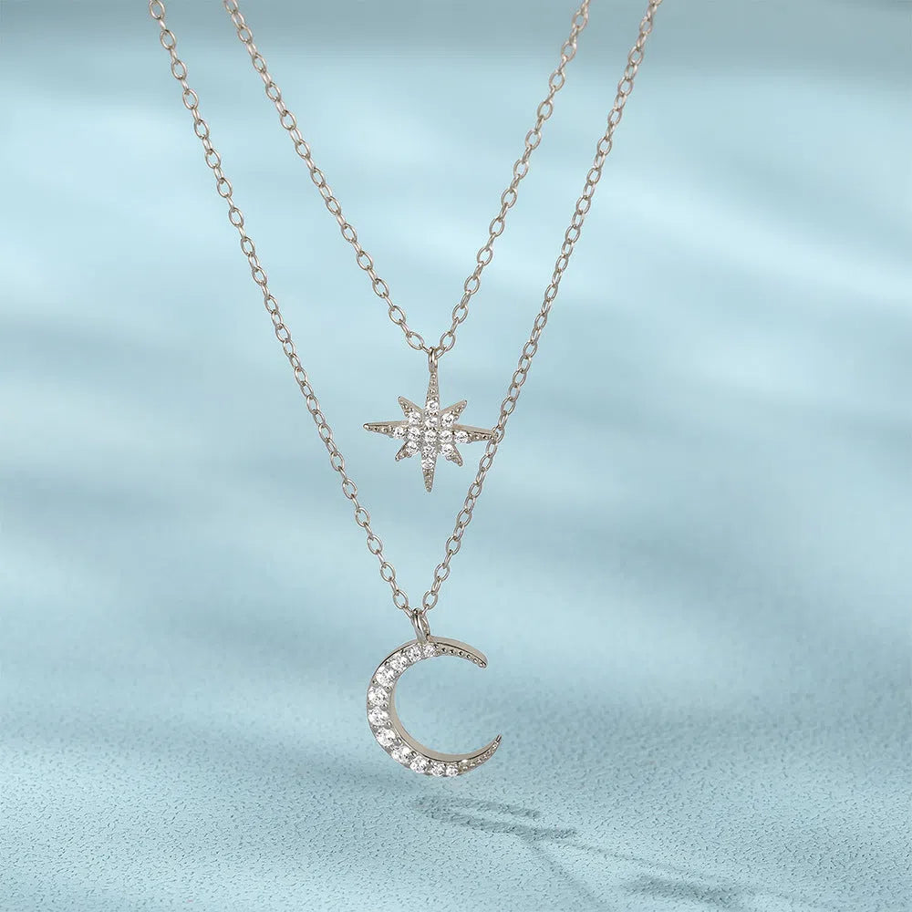 Women's S925 sterling silver double layer necklace with star and moon diamond pendant, gold finish