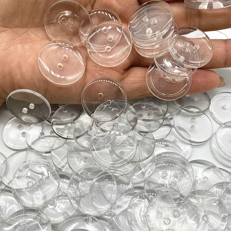 Transparent resin sewing buttons with two holes and 10mm diameter in a 100-piece pack