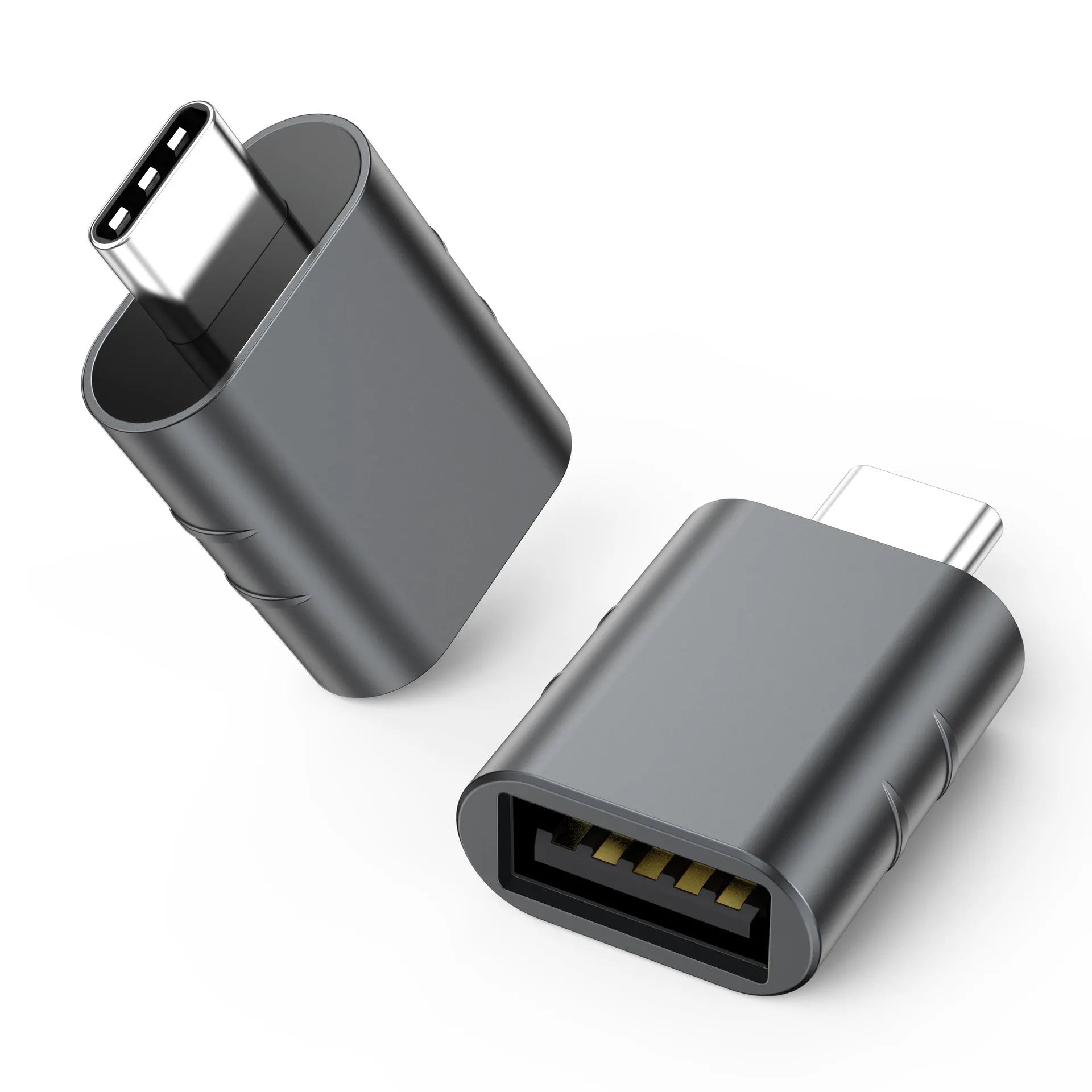 USB C male to USB A female converter adapter with metallic zinc alloy shell in various colour options.
