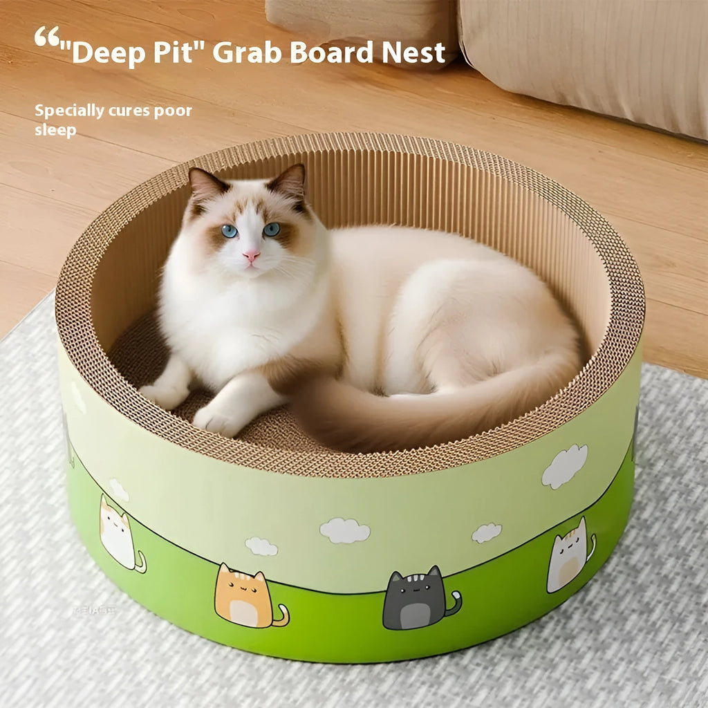 A large round corrugated cardboard cat scratch board with a deep, textured pit design on a wooden floor.