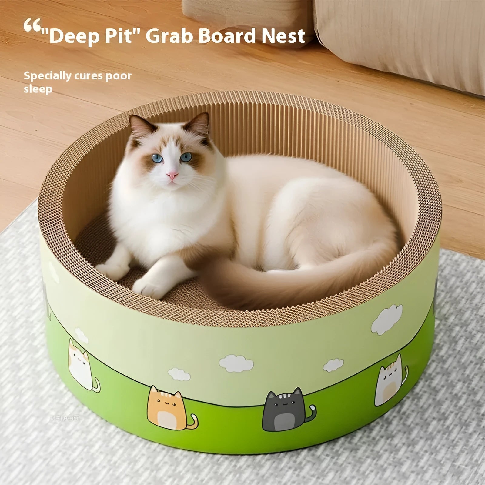 A large round corrugated cardboard cat scratch board with a deep, textured pit design on a wooden floor.