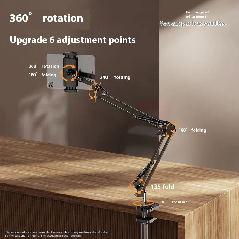 Universal alloy lazy bracket holding a mobile phone on a bedside table