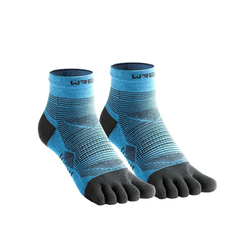 Professional sports toe socks in black and grey, made from COOLMAX, nylon, and Spandex fabric.