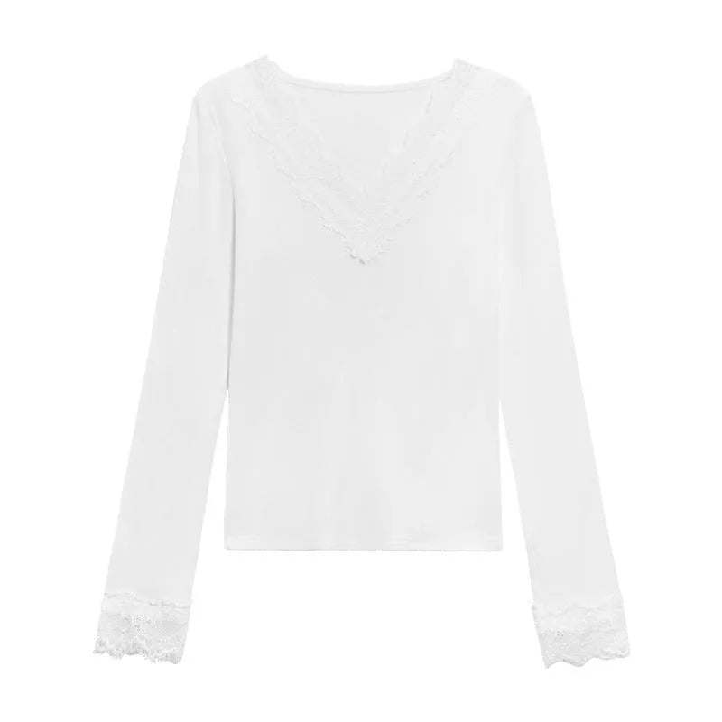White V-neck long sleeve top with lace stitching in brushed polyester knit fabric, slim fit