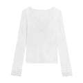 White V-neck long sleeve top with lace stitching in brushed polyester knit fabric, slim fit