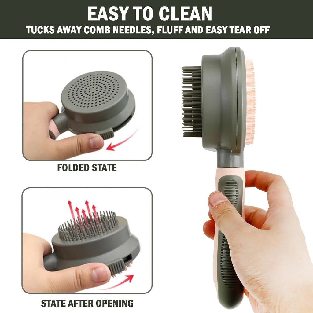 Green and pink double sided cat grooming brush with release button and flea comb on a white background.
