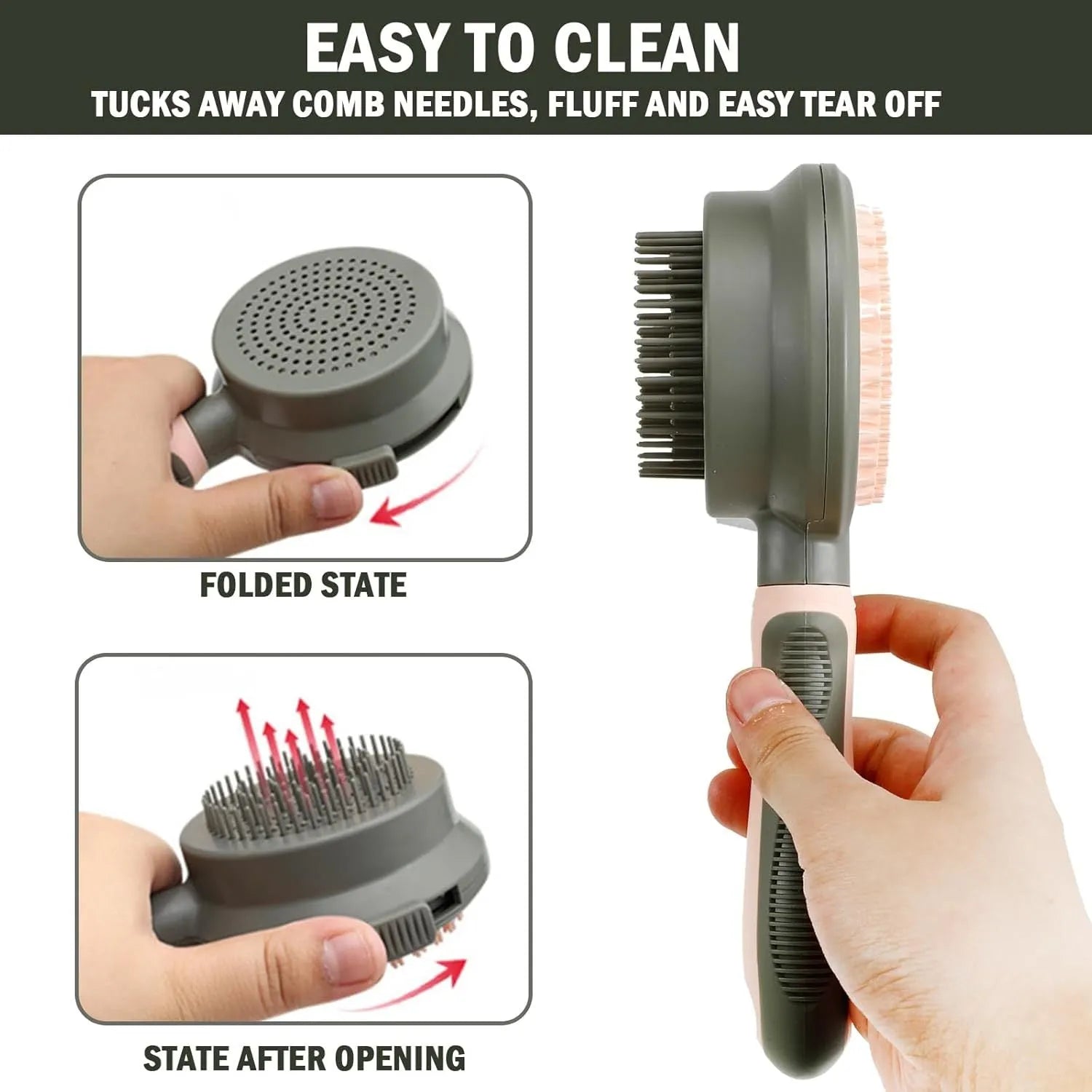 Green and pink double sided cat grooming brush with release button and flea comb on a white background.