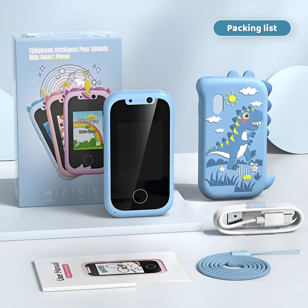 Blue silicone case educational mobile phone camera toy for children with touch screen and hang rope