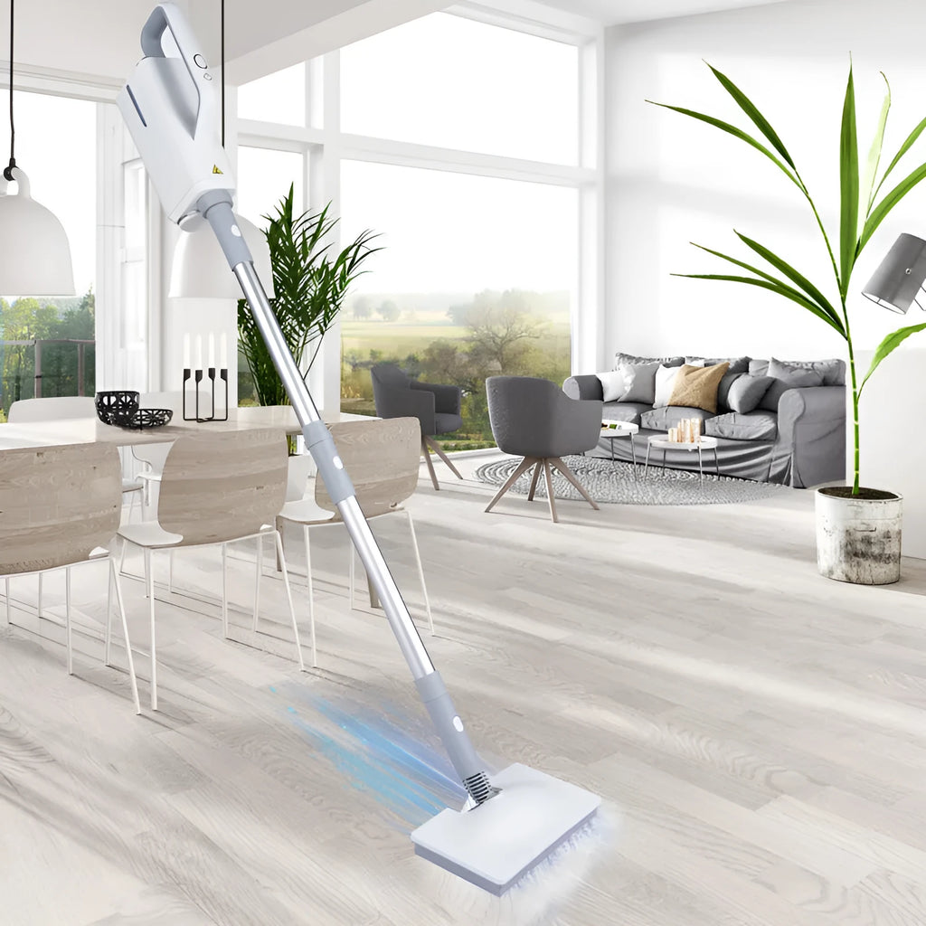 White household electric steam mop handheld design with stainless steel soleplate and water tank