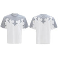 Grey men's loose-fit cotton T-shirt with textured 3D stitching and burnt flower detail on chest, short sleeves, round neck.