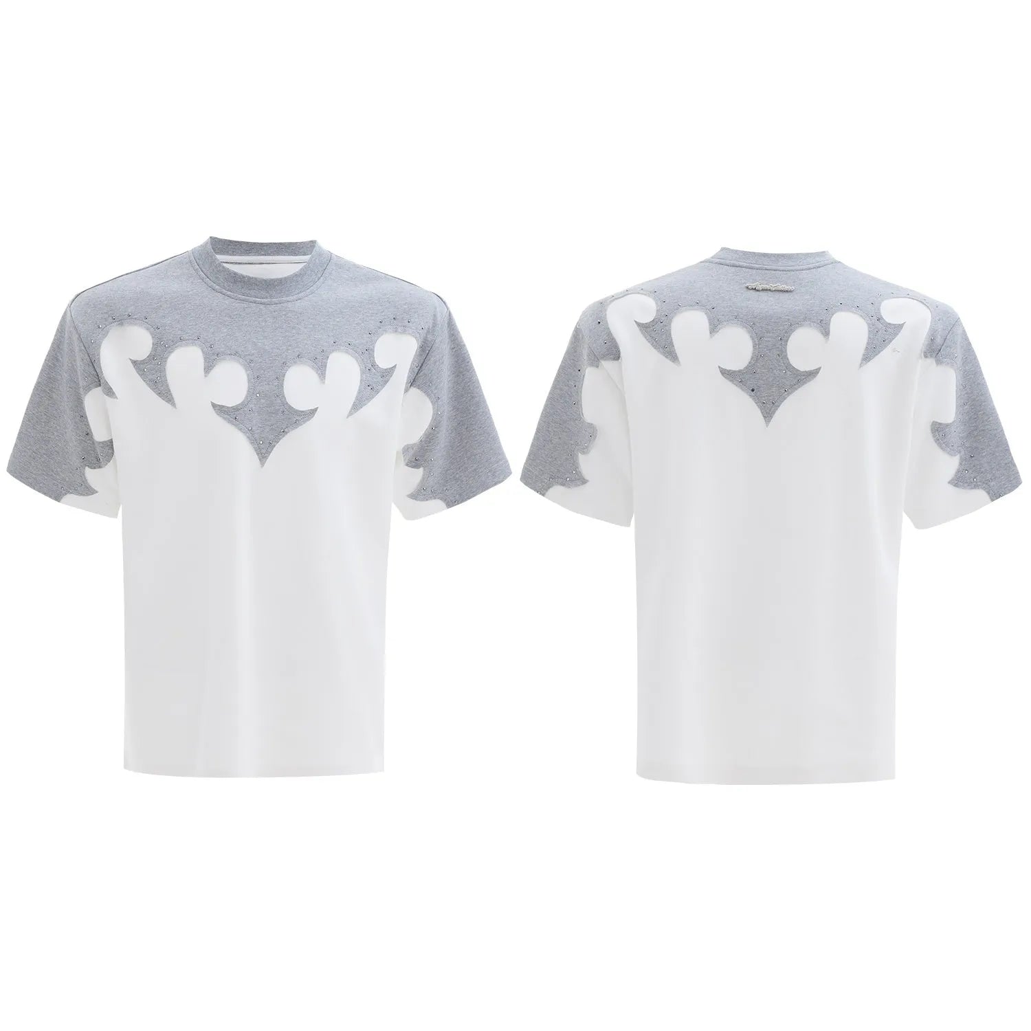 Grey men's loose-fit cotton T-shirt with textured 3D stitching and burnt flower detail on chest, short sleeves, round neck.