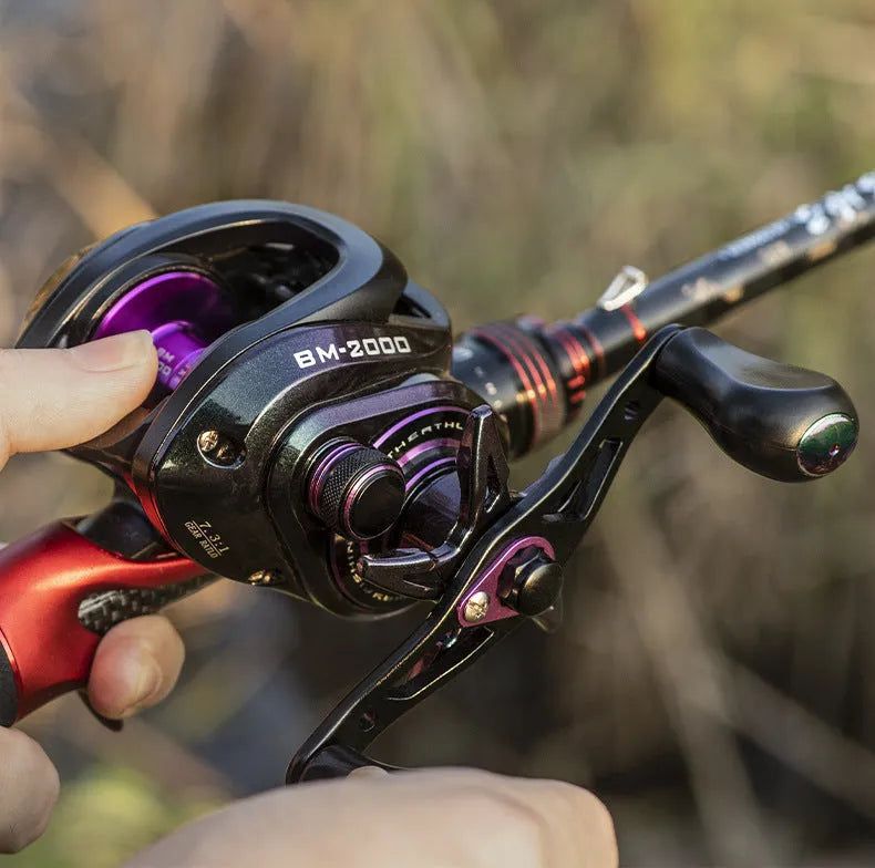 BM2000 model fishing reel with magnetic brake system and water drop spool.