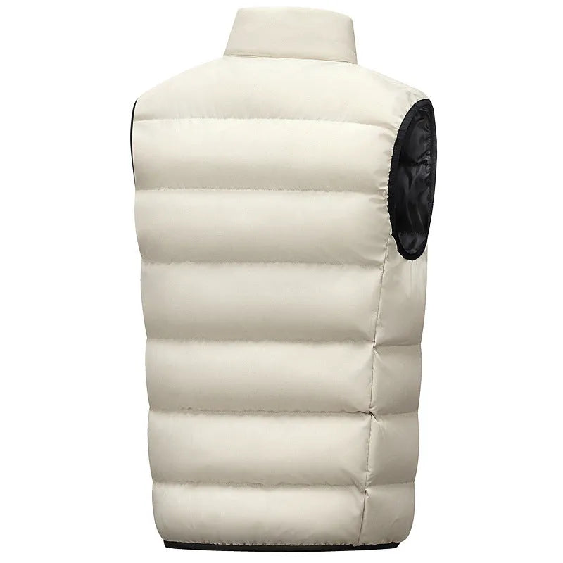 Men's waterproof polyester vest in black with straight hem, front view