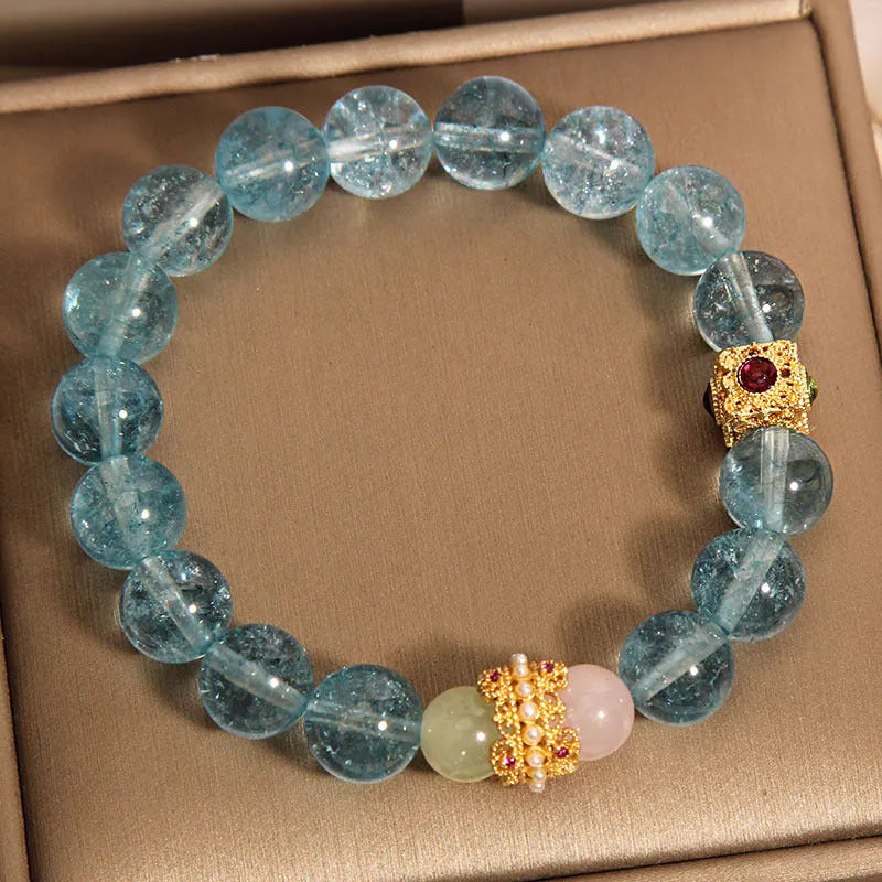 Blue cubic sugar crystal bracelet with Chinese style design and flexible ring