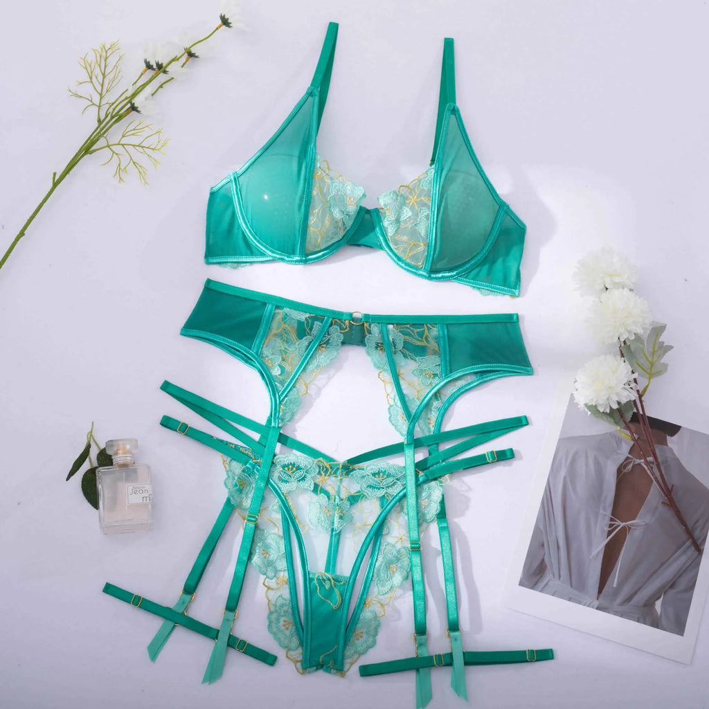 Light green women's embroidered bra and bikini set in three-point tights style