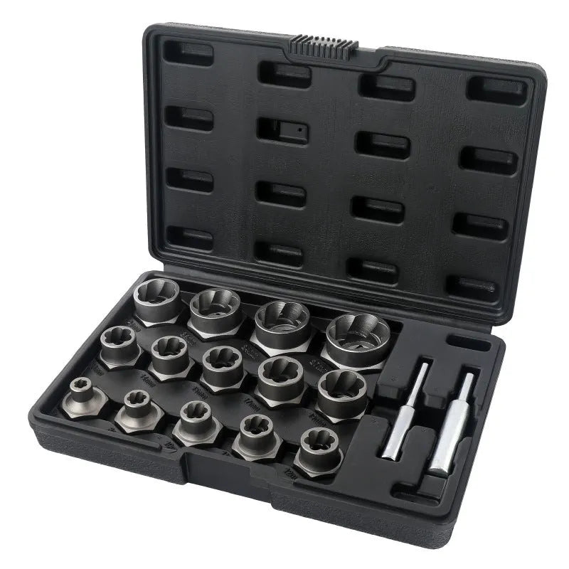 33-piece reverse tooth sleeve screw extractor set in box with chrome molybdenum steel extractors and universal joint