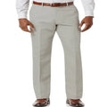 Men's beige white linen-cotton casual trousers with slant pockets laid flat.