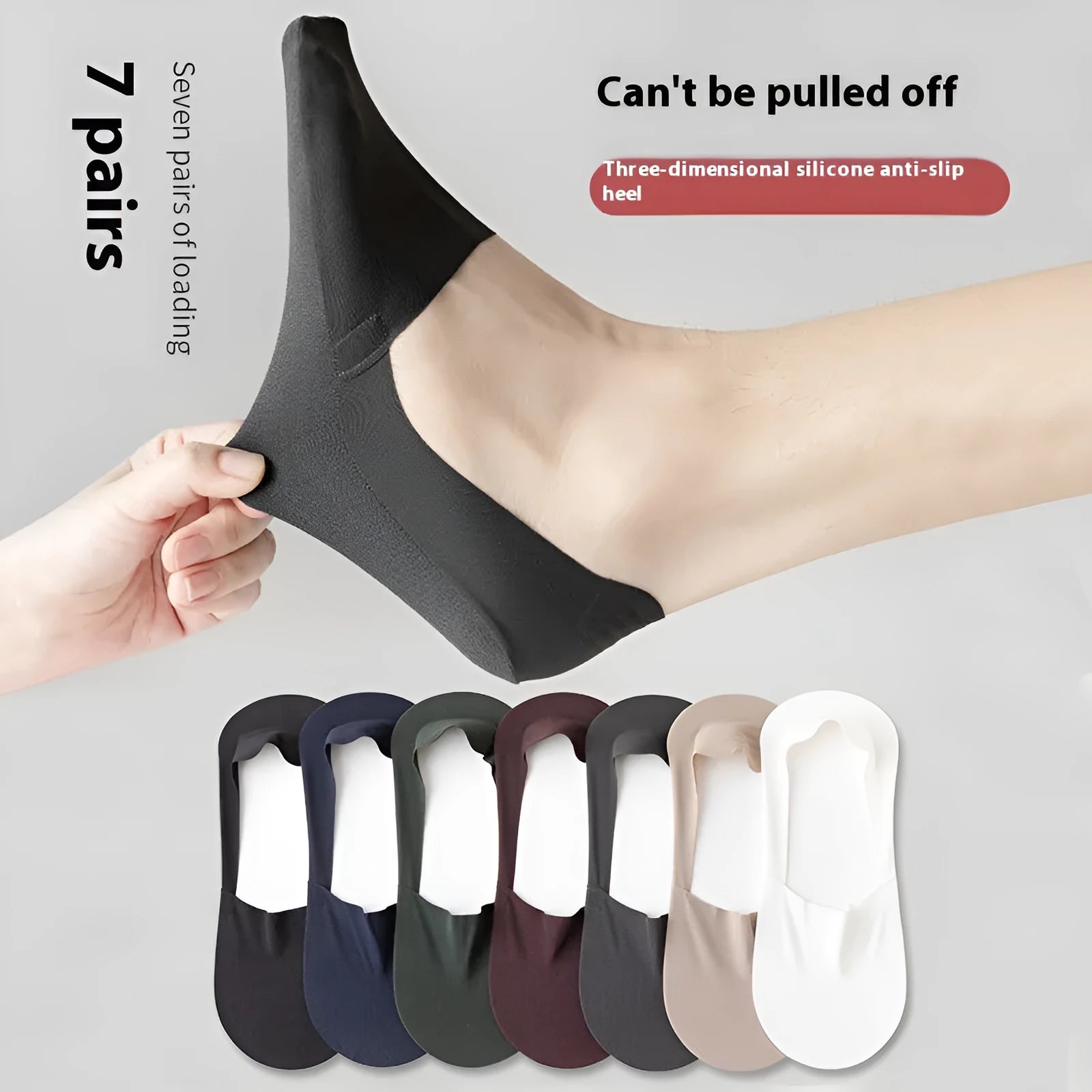 Men's seamless low-cut socks in ice silk and cotton fabric, shown in multiple colours including black, grey, and blue.