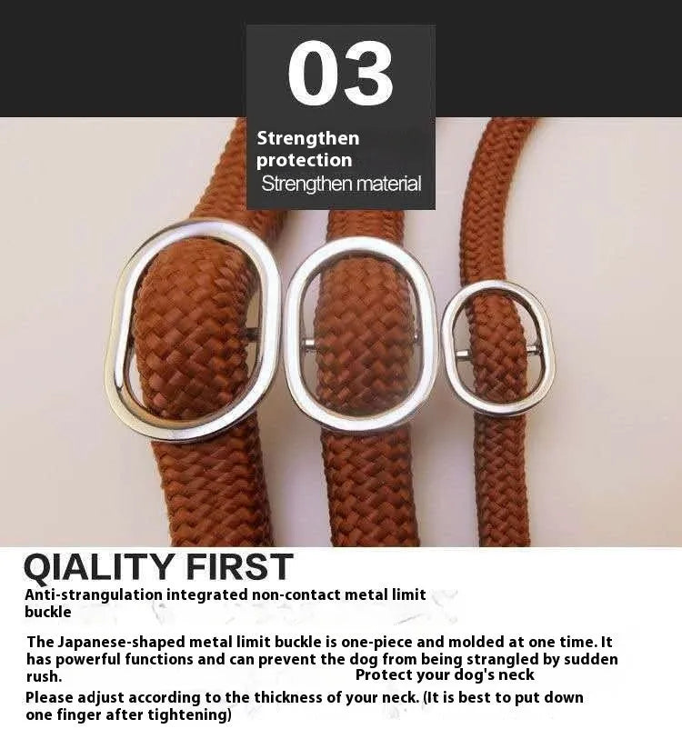 Brown nylon dog leash with hand holding rope and P chain attachment