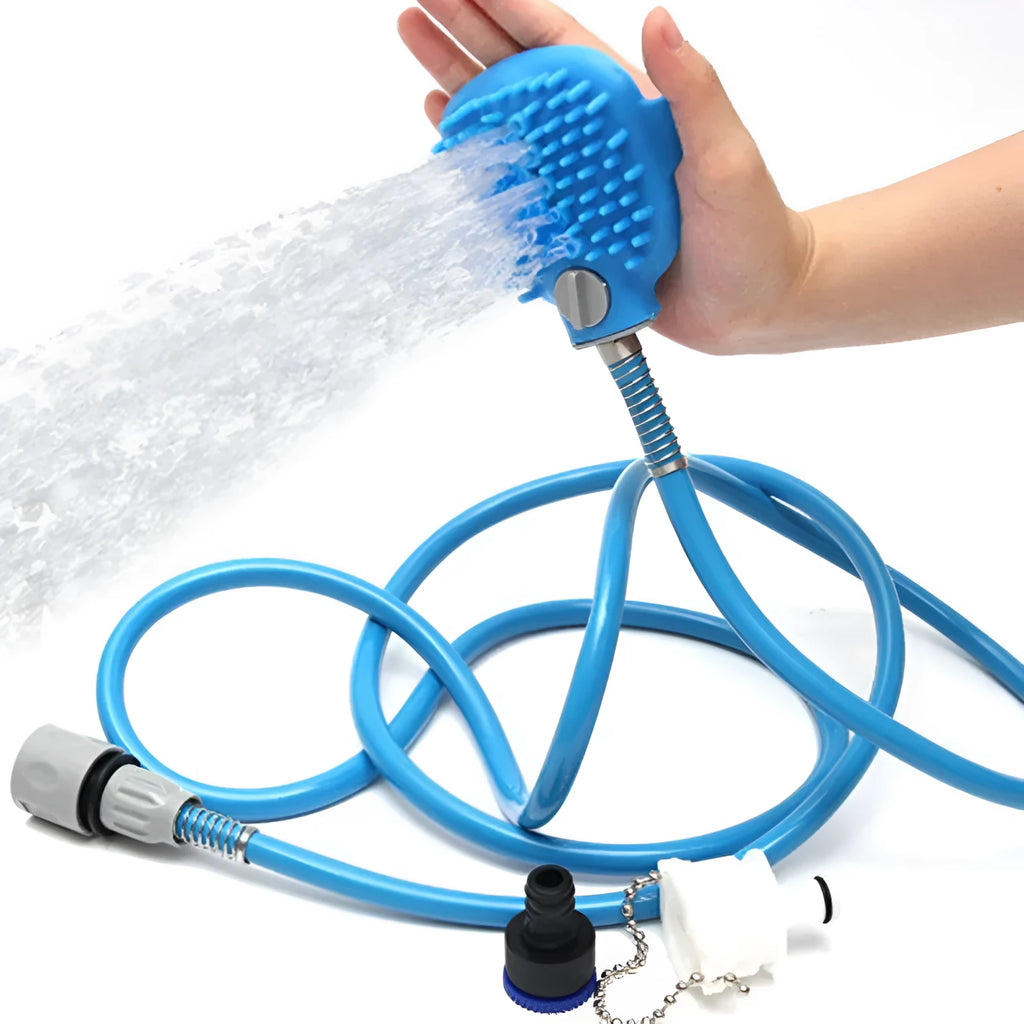Blue pet bathing tool with silicone massage glove and 7.5ft hose for dogs