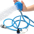 Blue pet bathing tool with silicone massage glove and 7.5ft hose for dogs