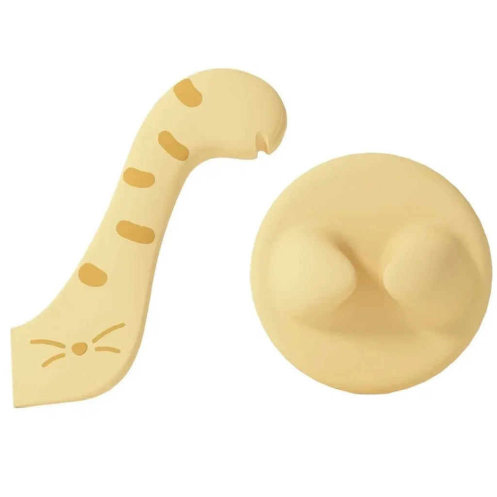 Silicone pet food spoon and airtight can lid set in grey, pink, or yellow for dog and cat wet food.