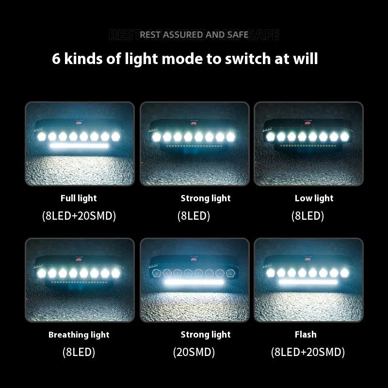 HYD-059 rechargeable bicycle headlight with horn mounted on handlebars, showing six LED mode buttons.