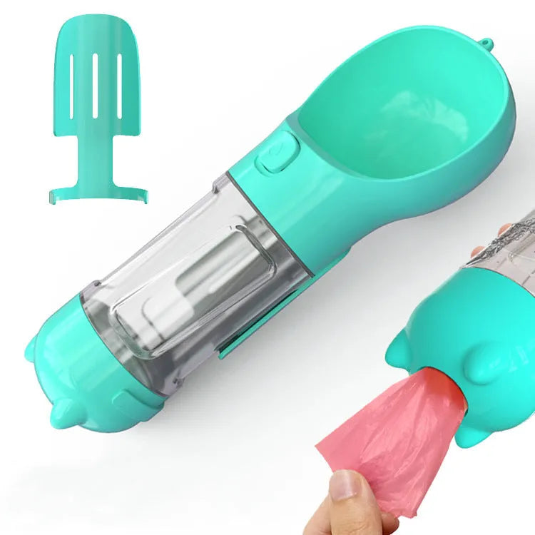 Portable 3-in-1 dog water bottle with poop dispenser and treat holder, 300ml capacity in aquamarine