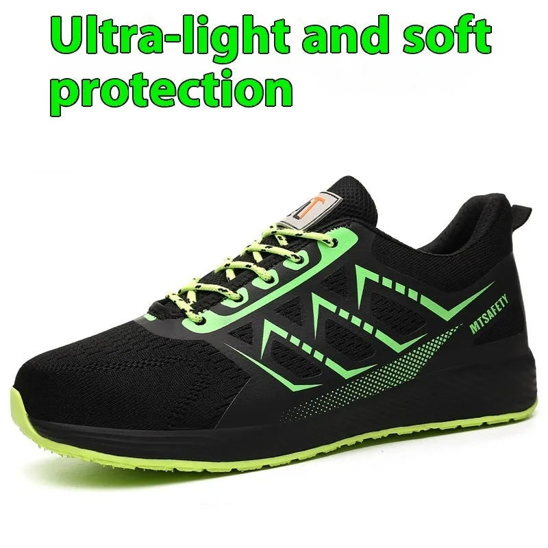 Black ultra-light labour protection shoes with steel toe caps and front lace-up design