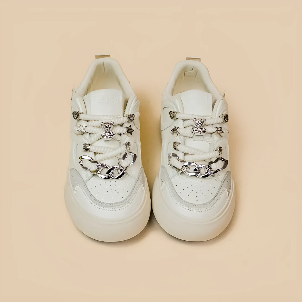 Casual white low-top lace-up sneakers for women with rubber sole and thick bottom heel
