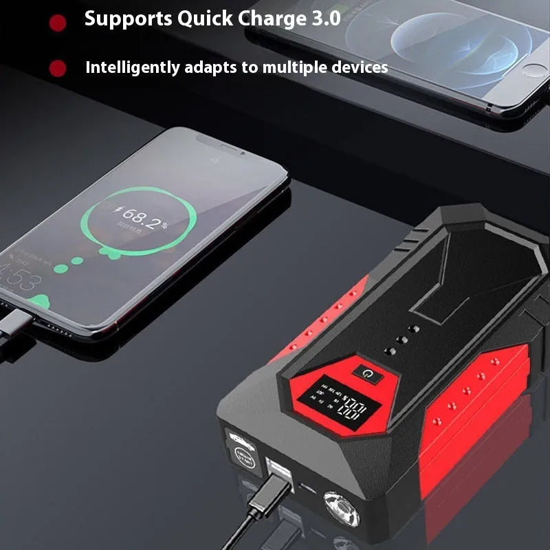 Red 12V car emergency start power bank with 18800mAh capacity and battery clamps