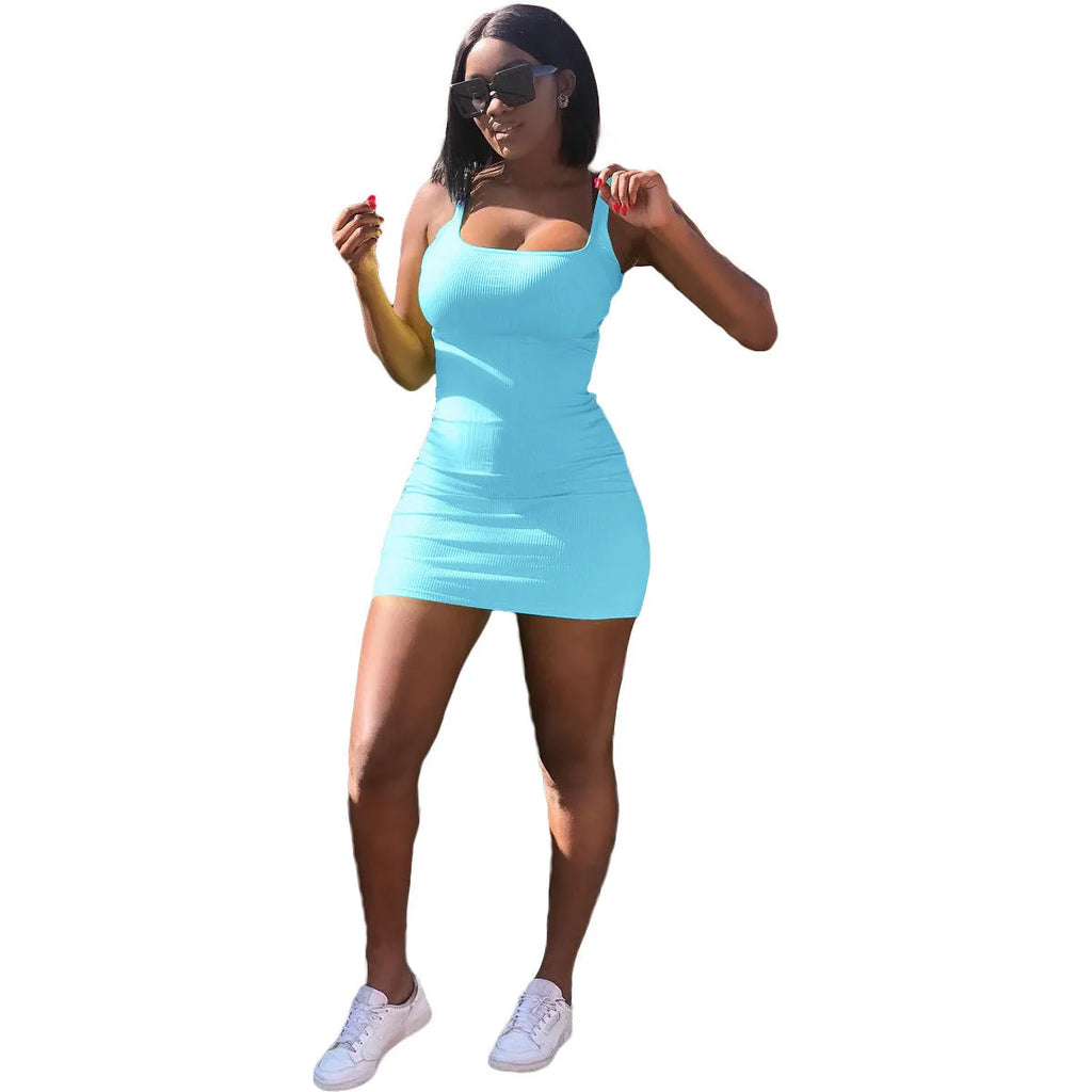 Women's casual slim-fit strap dress with big U-neck and sunken stripe pattern in light green.