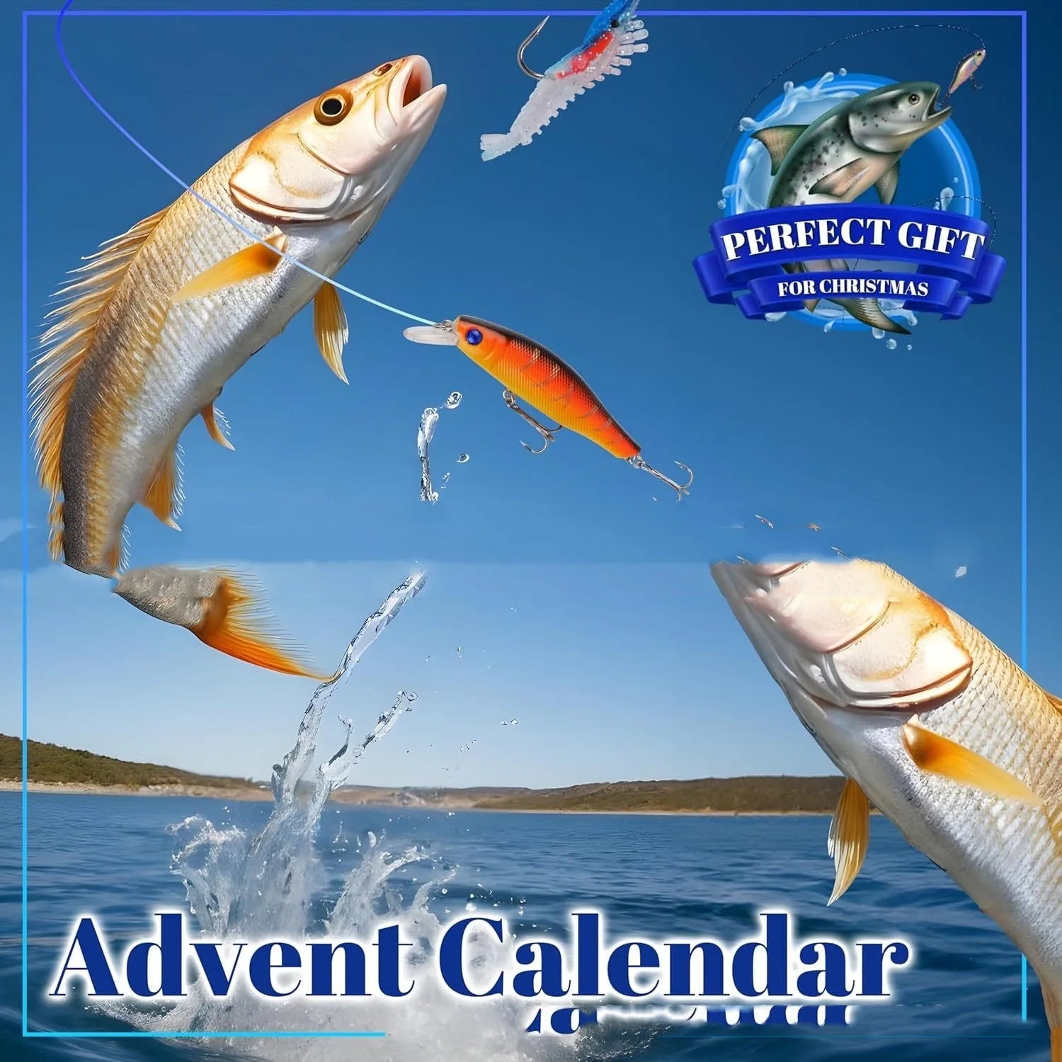 Christmas fishing gear advent calendar set with plastic tackle box showing fourteen compartments