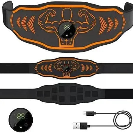 Blue and orange Smart Massage Belt EMS sets showing rechargeable host unit, adjustable fitness belt, and arm muscle stickers.