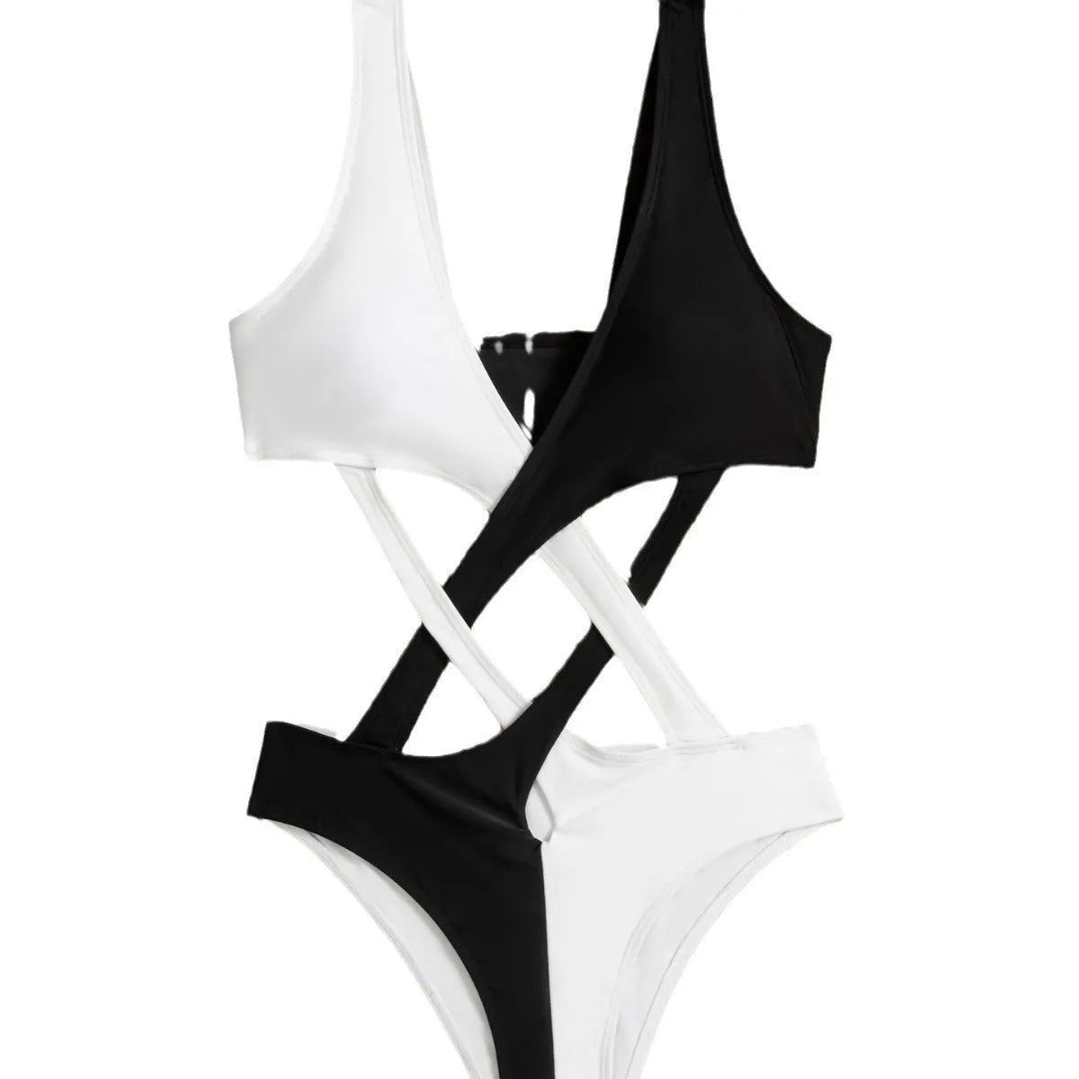 White women's one-piece swimsuit with colour-block panels and hollow-out design details.