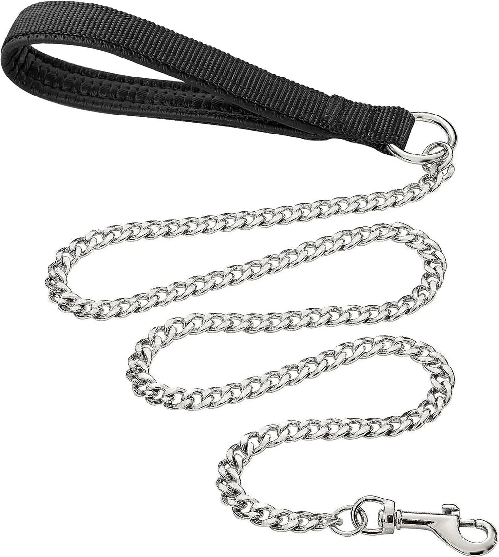 Heavy duty metal dog chain leash with a soft black padded handle, shown with a red colour option.