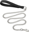 Heavy duty metal dog chain leash with a soft black padded handle, shown with a red colour option.
