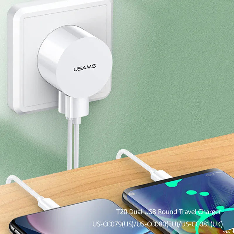 White portable universal dual USB phone charger with US, EU, and UK plug heads