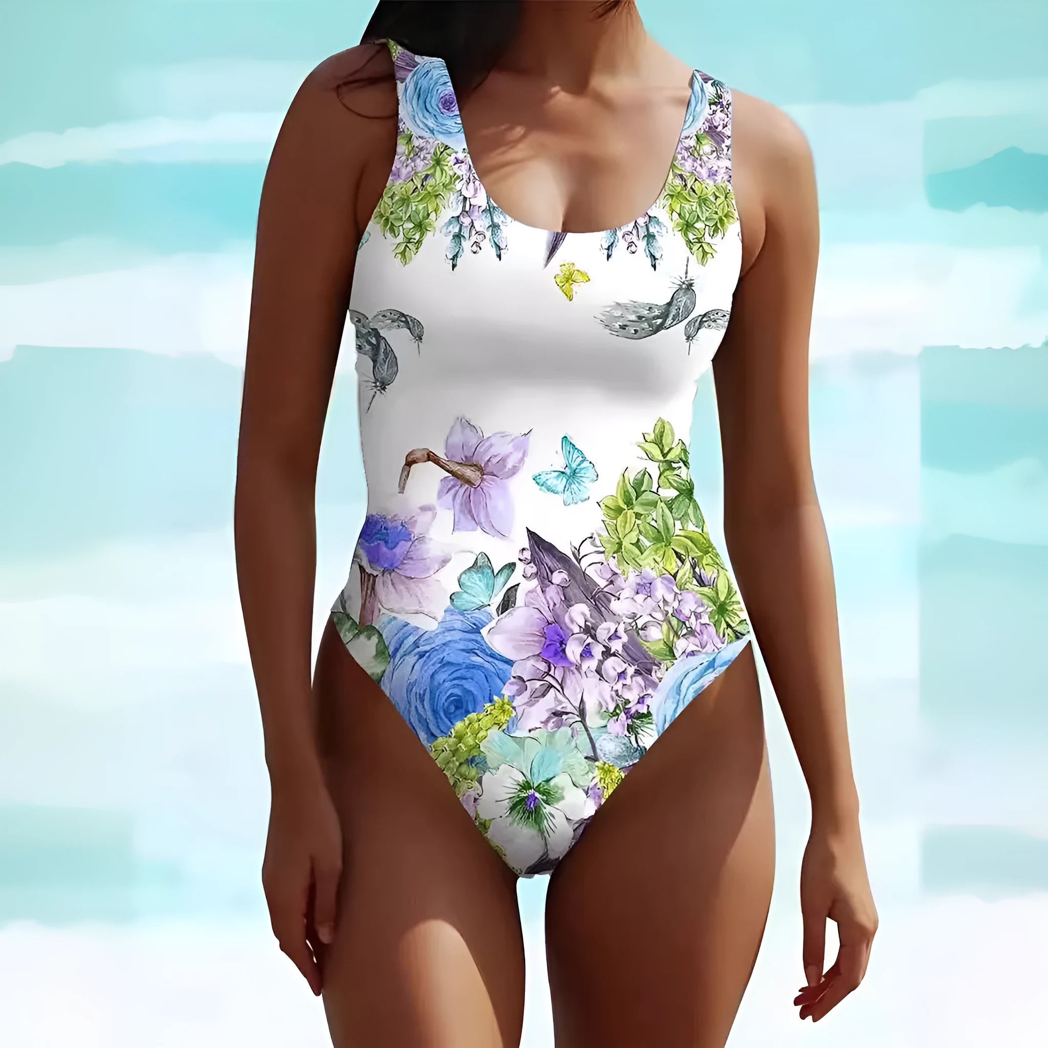 Women's bohemian-style sleeveless swimsuit dress in a patterned spandex fabric